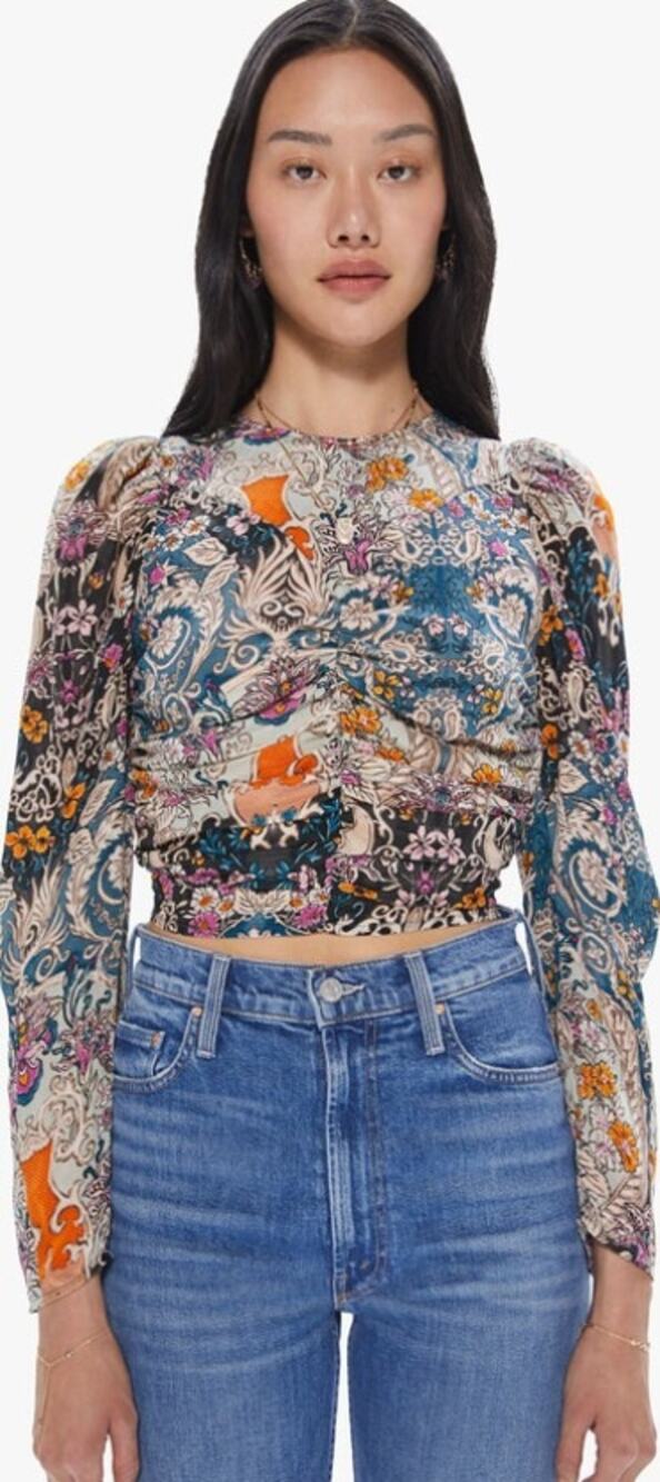Maria Cher. Blue Purple Floral Abstract Blouse Rouched Cropped Silk size Large